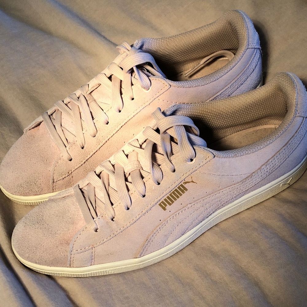 Puma Women's Suede Sneakers in Pale Pink with Gold Logo